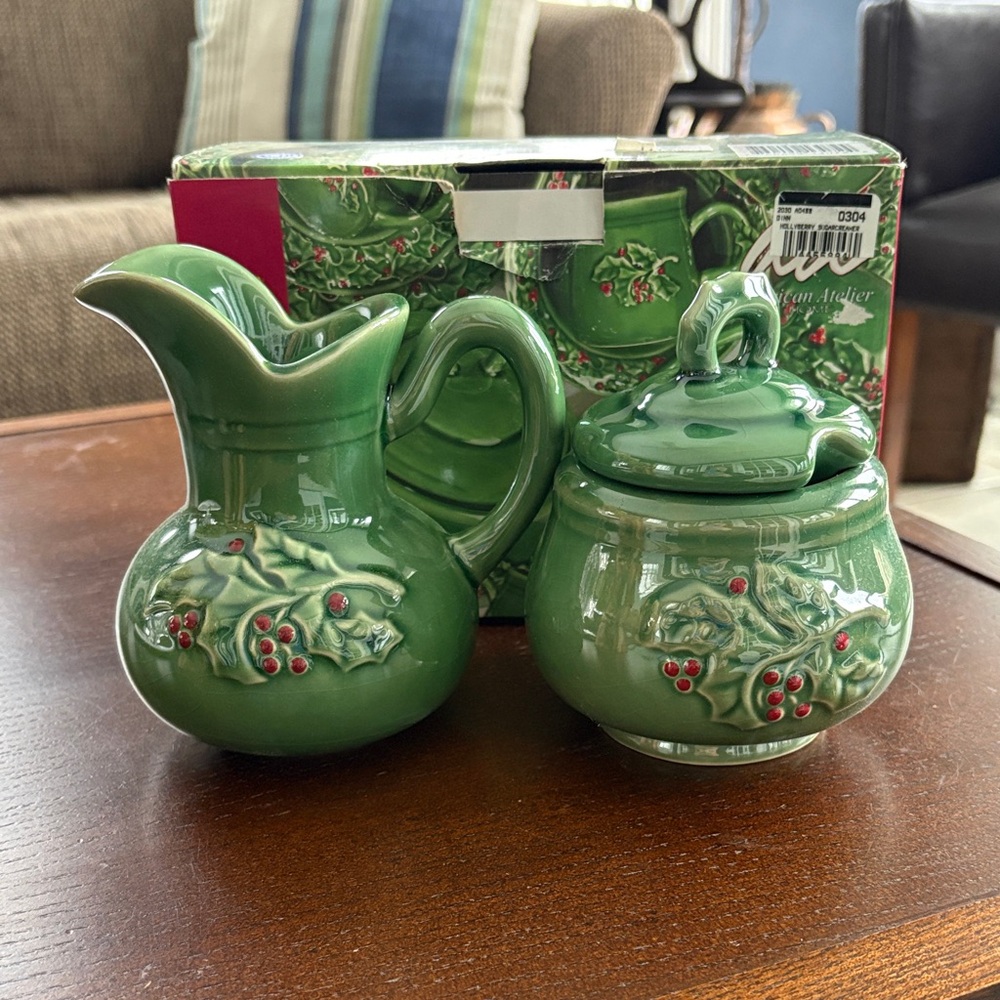 American Atelier Holly Berry creamer and sugar set.